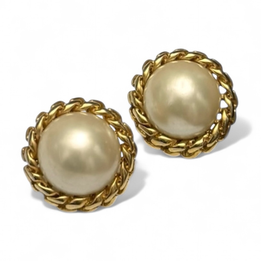 Vintage Gold Rope and Round White Pearl Studd Back Earrings